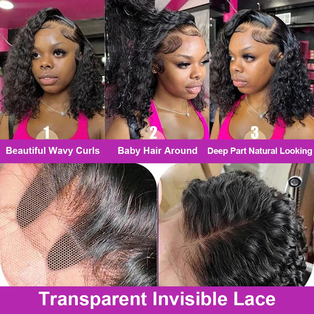 Wear And Go 13x6 Deep Wave Lace Frontal Bob Wig Kinky Curly Glueless Wig Short Ready To Go Human Hair Wigs 250 Density For Women