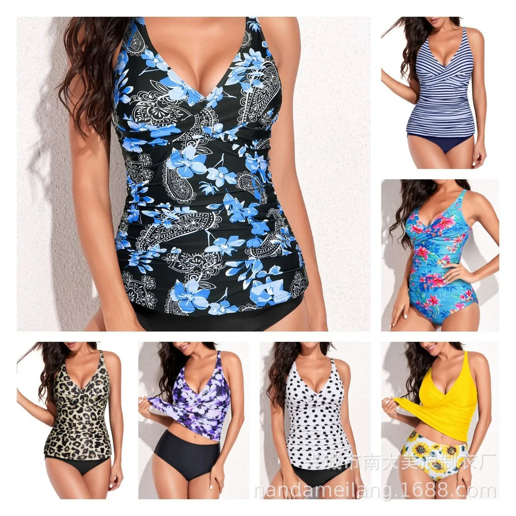 Swimwear Women Tankini Sleeveless V Neck Tankini Top Floral Print Ruched Waist Swim Dress Navy Blue High Waisted Bandeau Tankini