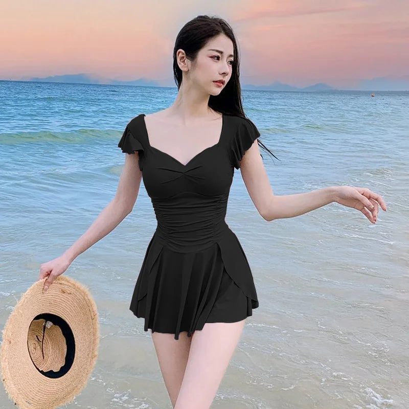 Modest Tankini Dress Swimwear Female Ruffle Hem Full Coverage Swimdress Vintage Floral Print Pool Party Vacation Outfits