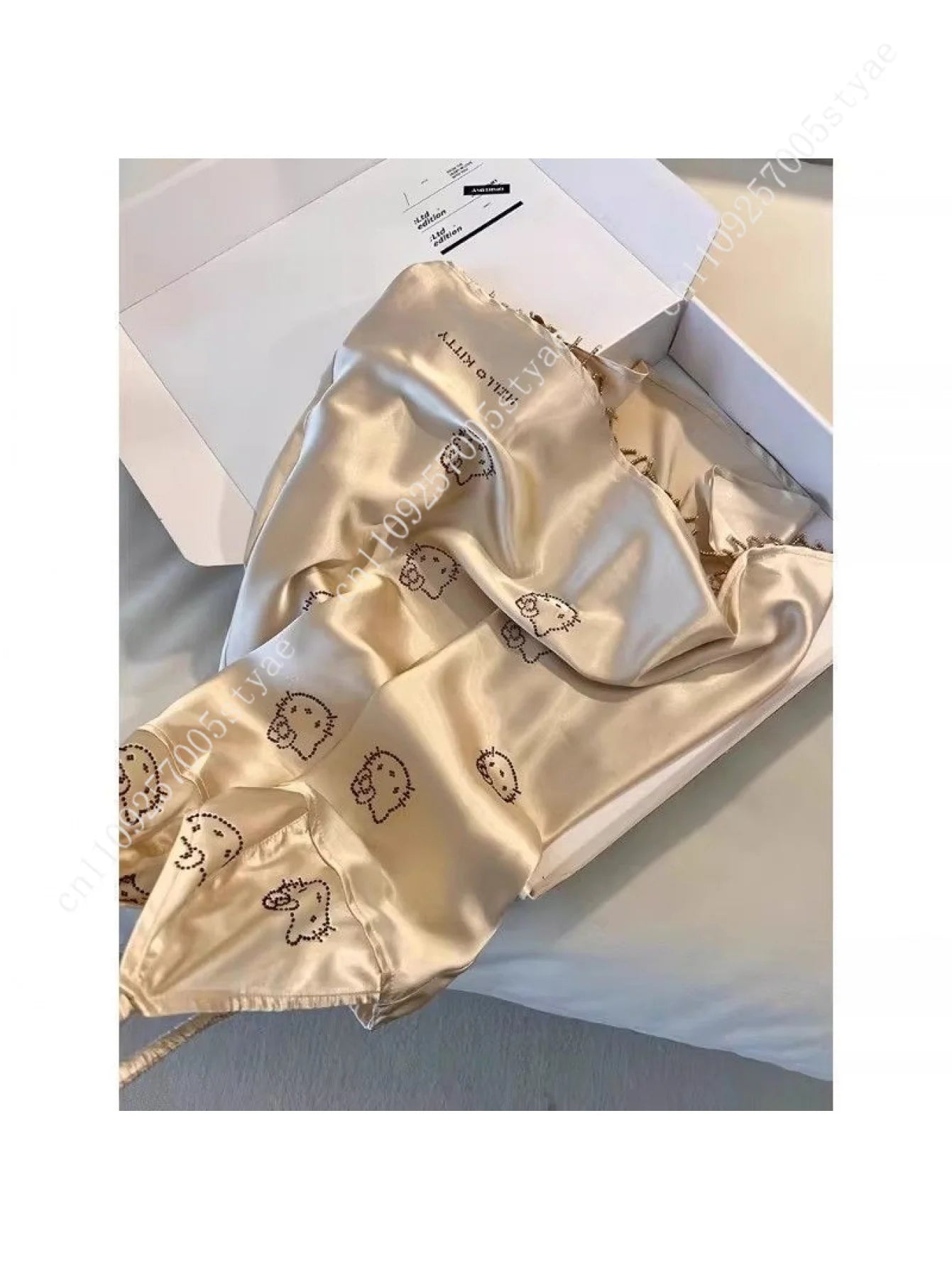 Hello Kitty Champagne Satin Slip Nightgown for Women Cute Print Fringed Hem Sexy Sleep Dress Soft Loungewear for Nightwear