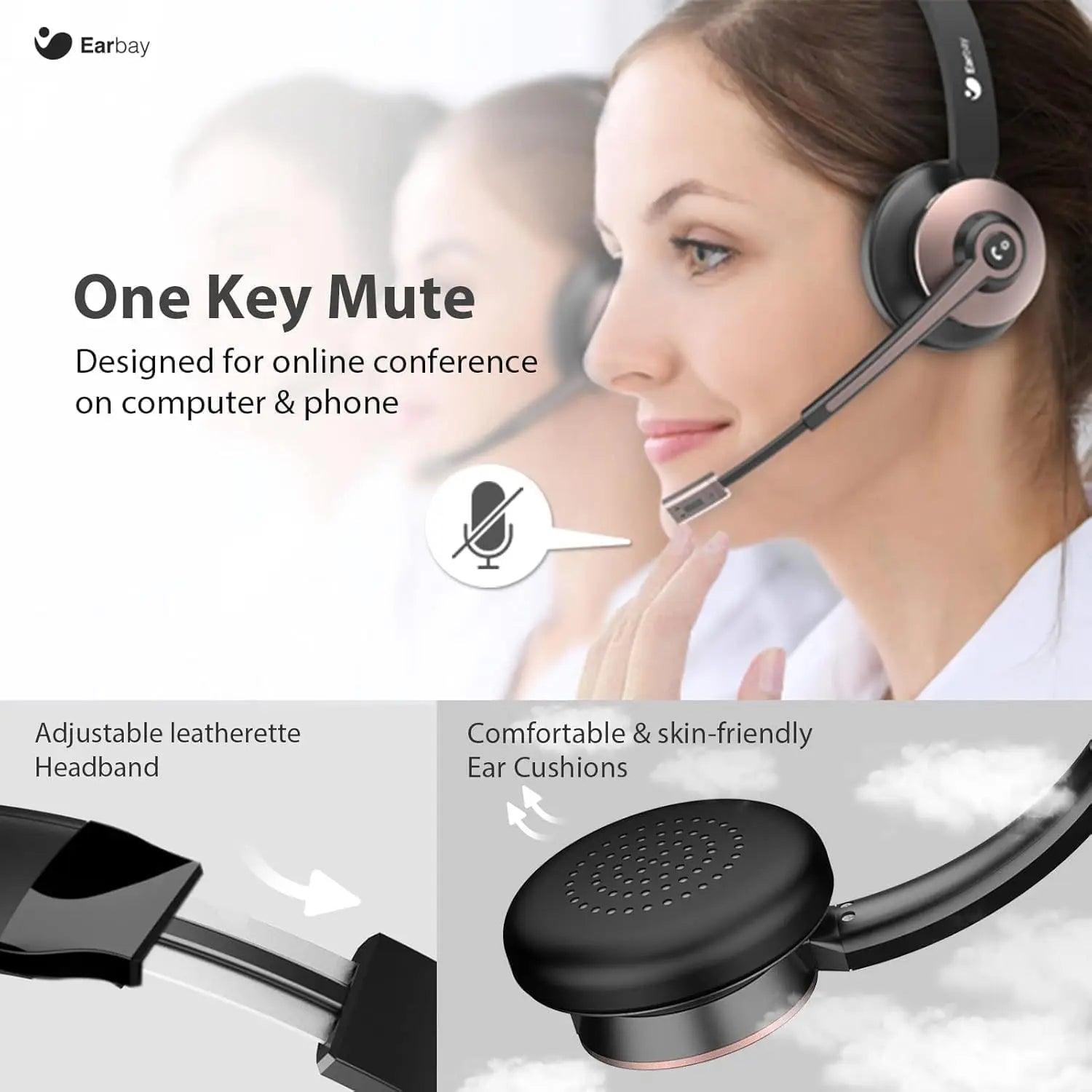 Wireless Headset with Mic, Noise Canceling & Mute, USB Dongle, Charge Dock for PC Phone Office
