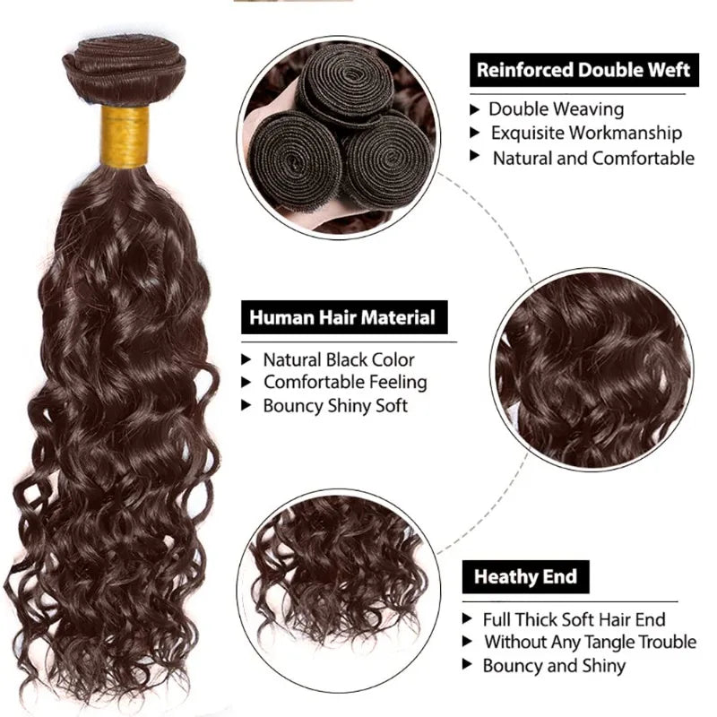 Premium Chocolate Light Brown Water Wave Bundles Human Hair 12-28inches Color #4 Virgin Remy Wet and Wavy Hair Weaving