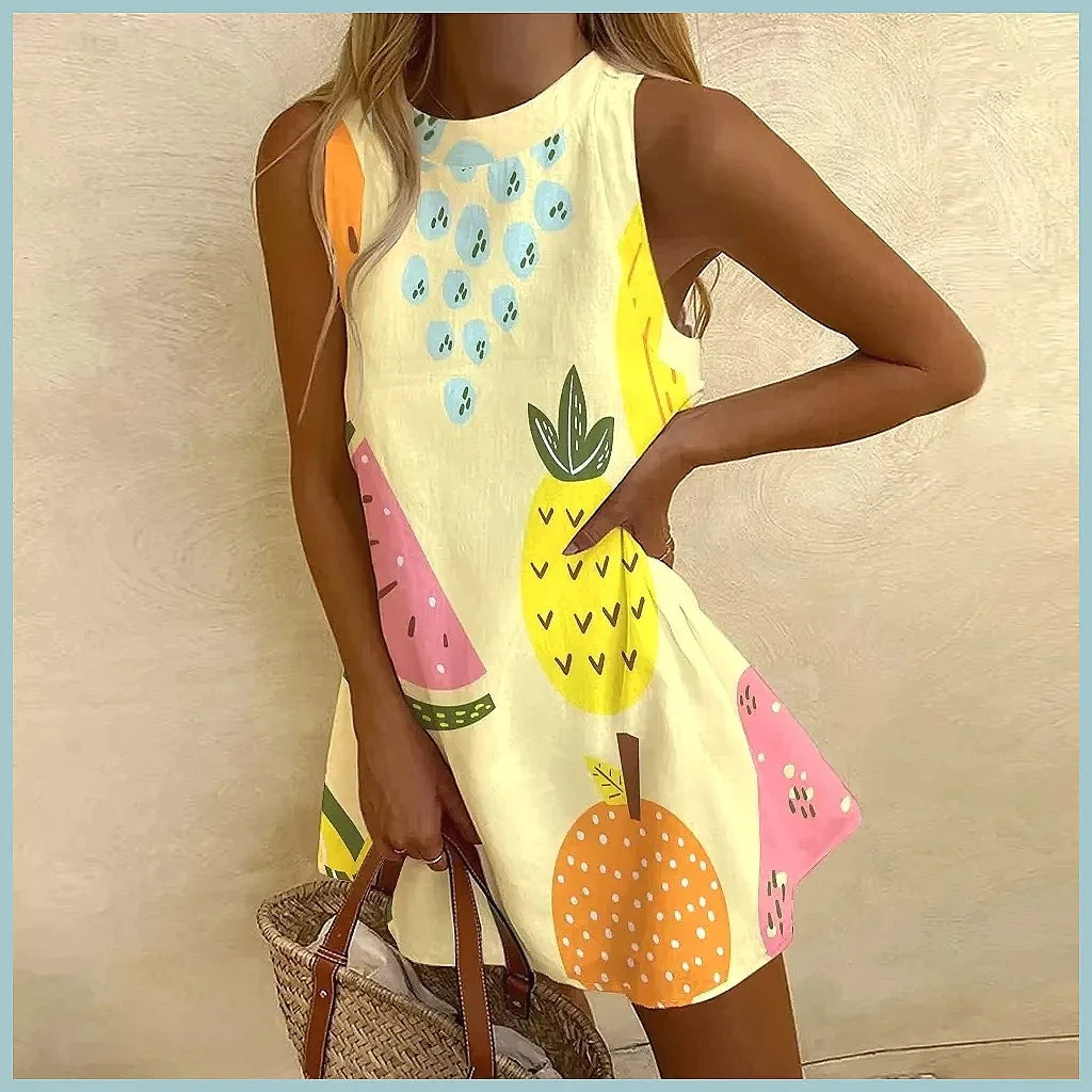 Women's Pineapple Print Sleeveless Dress - Casual Beach Vacation Party Dress for Summer