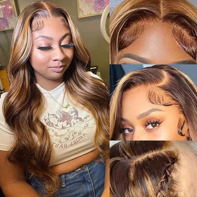 34inch Body Wave Highlight Wig Human Hair Honey Blonde 4/27 Colored 13x6 Lace Front Human Hair Wigs For Women Pre Plucked 180 Density