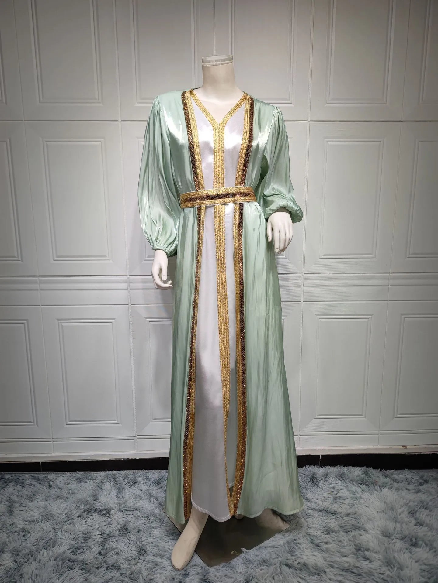 Lavender Sequin Dress V Neck Puffed Sleeves Satin Dresses Belted Waist Floor Length Gown Gold Trim Embroidered Trim Evening