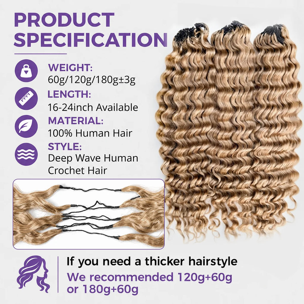 #27 Highlight Honey Blonde Deep Wave  Crochet Human Hair Extensions Pre Separated Miracle Knots Invisible Knotless Feather Crochet Braids Human Hair Bulk Hair For Braiding