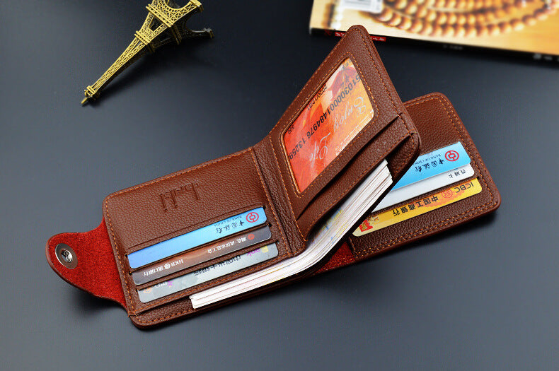 New Men's Wallet, Men's Short Wallet, Fashionable European and American Magnetic Buckle Multi-Card Slot Card Holder, Large Capacity Pebbled Wallet
