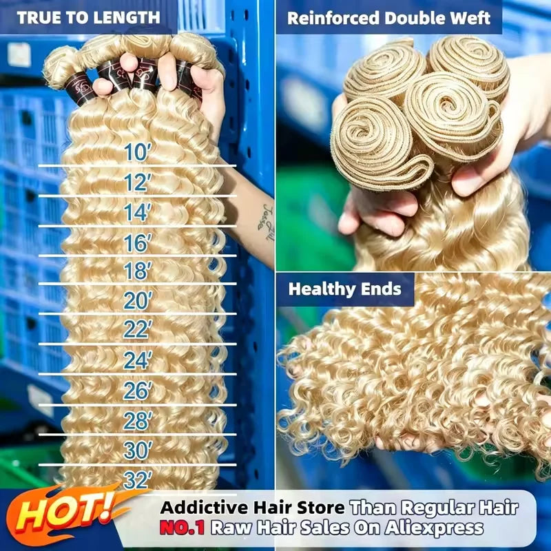 613 Human Hair Bundles Deep Wave 1/3/4 Bundle Blonde 22 24 26 28 Inch Color 613 Bundles Human Hair Extension 65g Single Bundle Double Weft Unprocessed Brazilian Virgin Hair