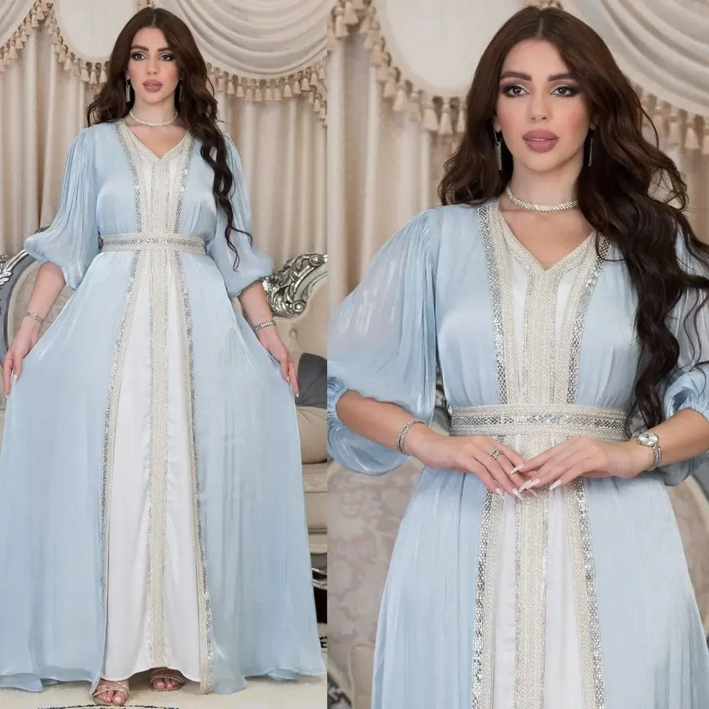 Lavender Sequin Dress V Neck Puffed Sleeves Satin Dresses Belted Waist Floor Length Gown Gold Trim Embroidered Trim Evening