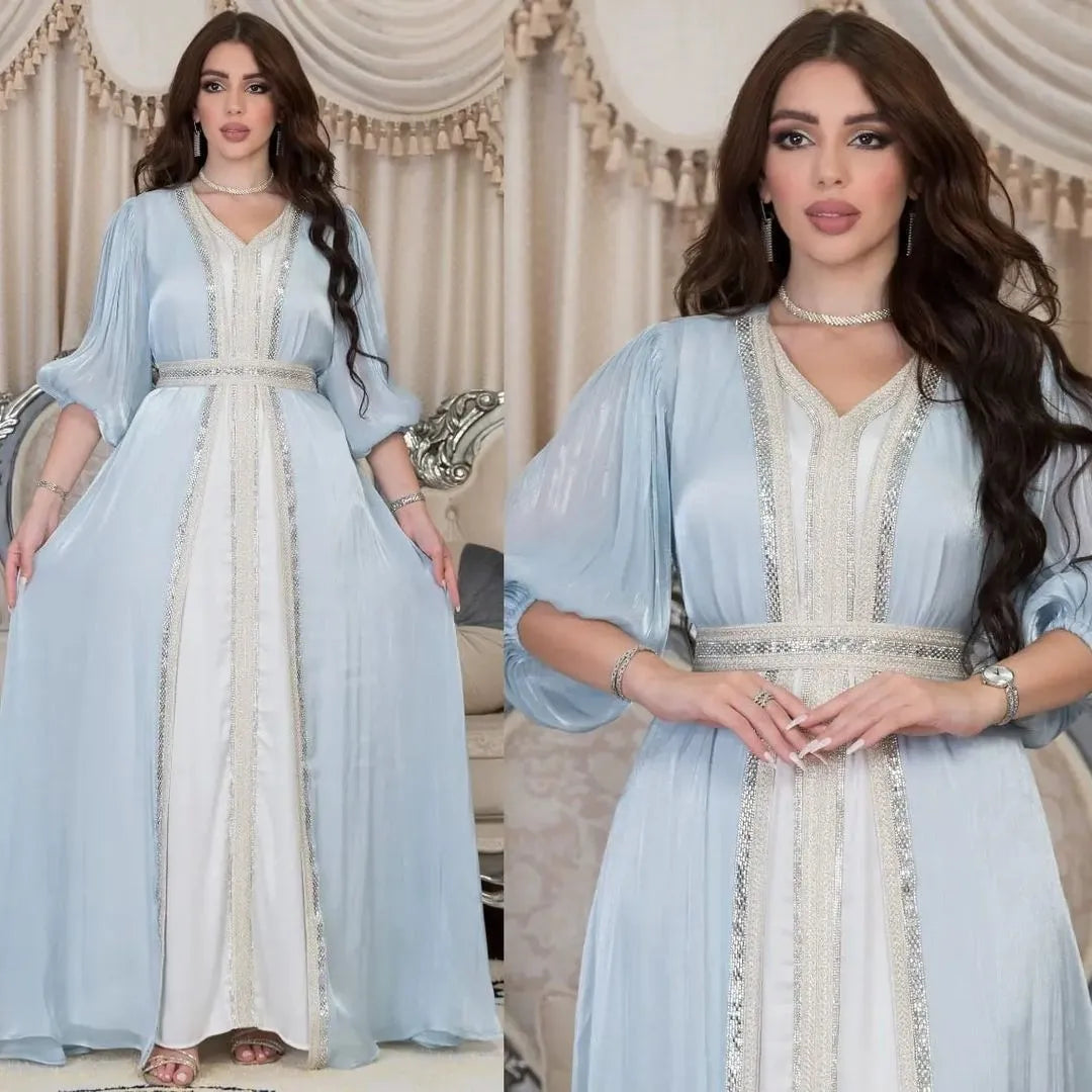 Lavender Sequin Dress V Neck Puffed Sleeves Satin Dresses Belted Waist Floor Length Gown Gold Trim Embroidered Trim Evening