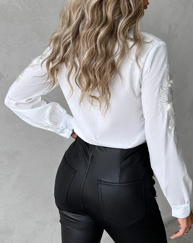 2024 Autumn Spring Fashion Casual Female Clothing T-Shirts Pullover Tops Elegant Blouses Floral Sequin Embroidery Buttoned Top
