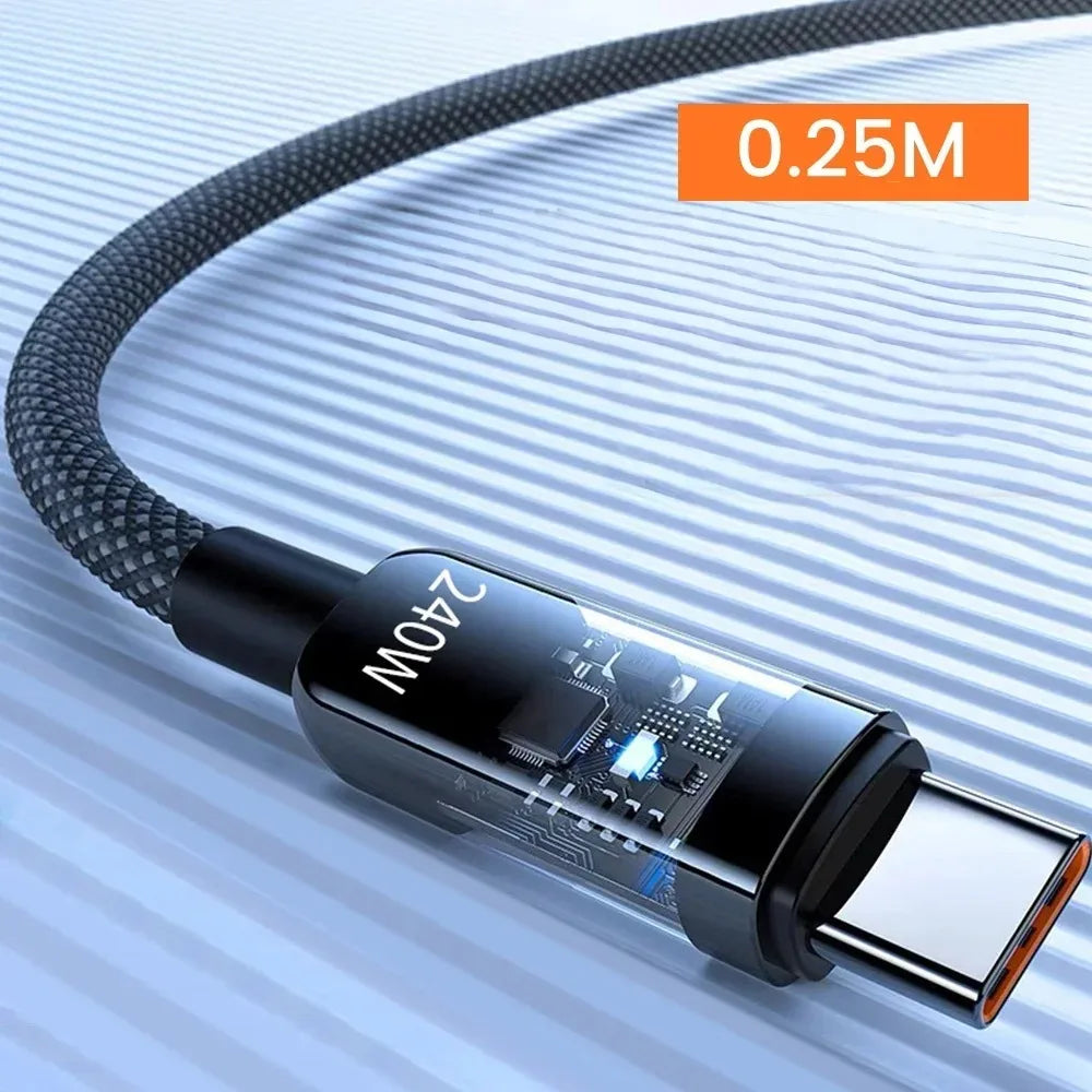 0.25/1/1.5/2M 240W Nylon USB C PD Super Fast Charging Data Cable With LED Display USB To Type C Quick Charge Data Cords New
