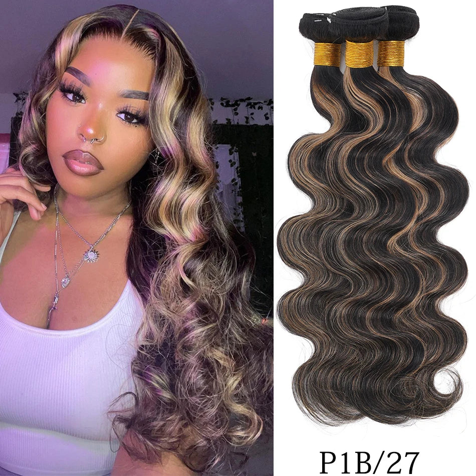 Raw Indian Virgin Hair Brown Highlight Body Wave Human Hair Weave 3 Bundles Ombre Blonde Bouncy Loose Wavy Sew in Piano Color