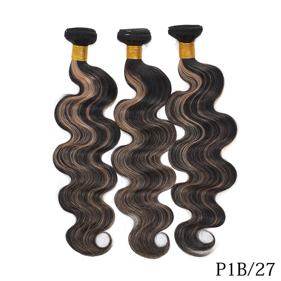 Raw Indian Virgin Hair Brown Highlight Body Wave Human Hair Weave 3 Bundles Ombre Blonde Bouncy Loose Wavy Sew in Piano Color