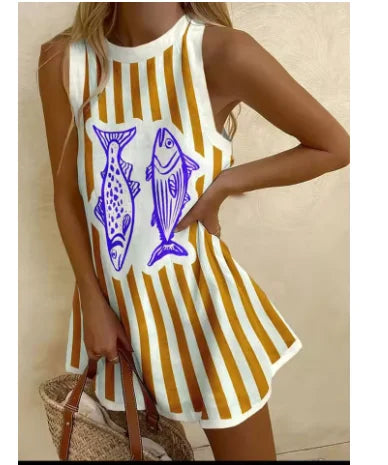 Women's Pineapple Print Sleeveless Dress - Casual Beach Vacation Party Dress for Summer