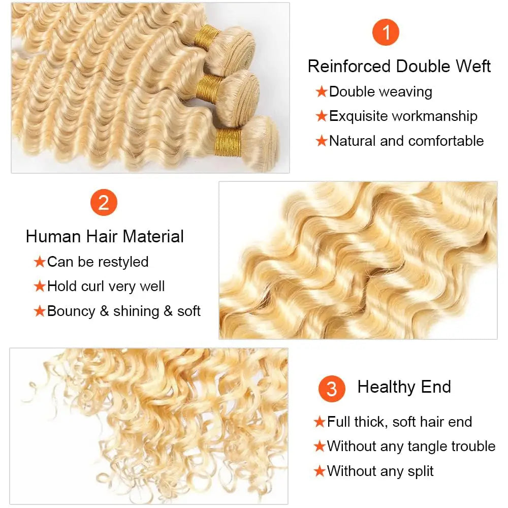 613 Human Hair Bundles Deep Wave 1/3/4 Bundle Blonde 22 24 26 28 Inch Color 613 Bundles Human Hair Extension 65g Single Bundle Double Weft Unprocessed Brazilian Virgin Hair