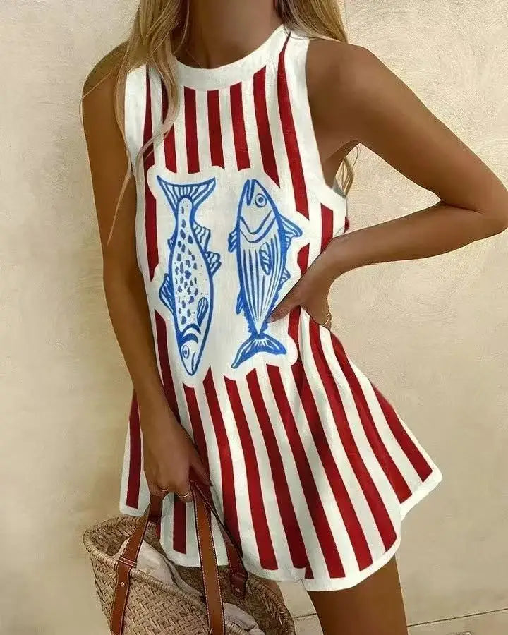 Women's Pineapple Print Sleeveless Dress - Casual Beach Vacation Party Dress for Summer