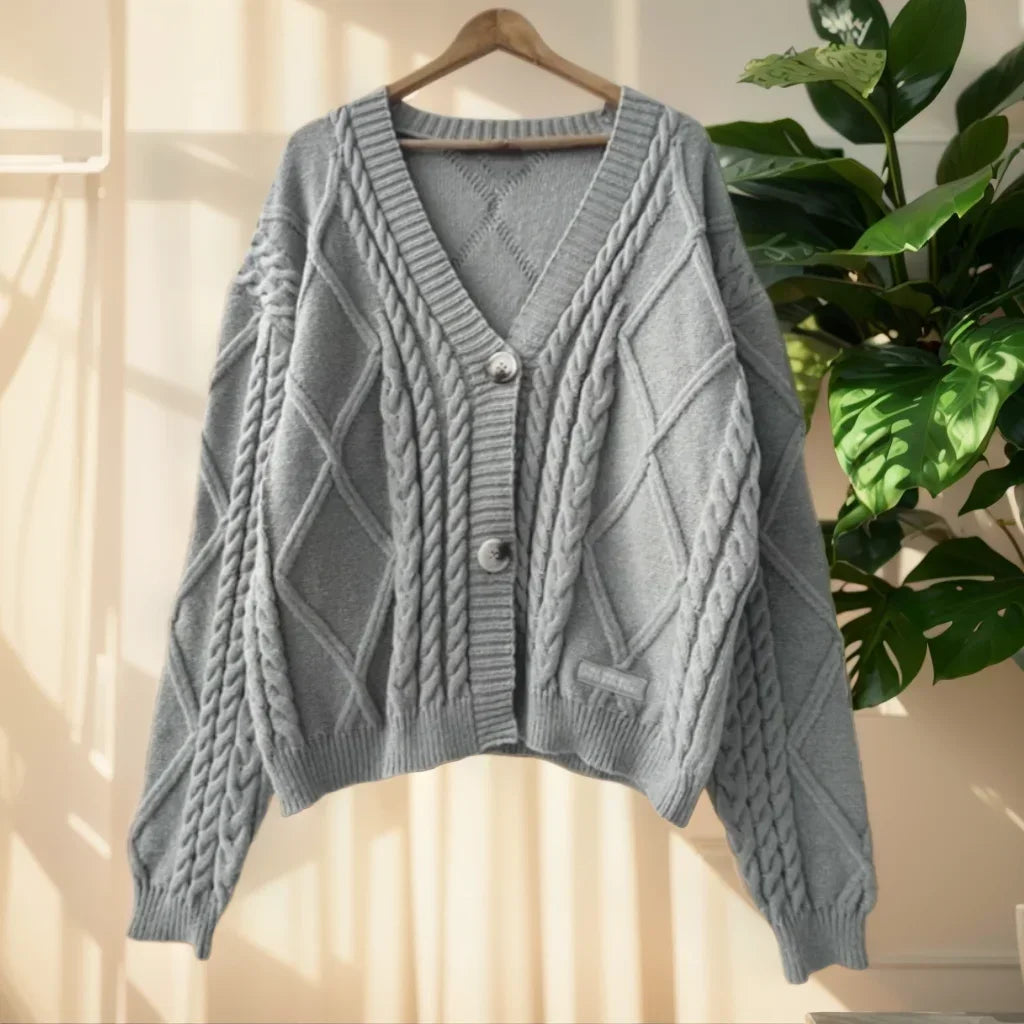Women Autumn Cotton Star Embroidery Khaki Knitted Cardigans V Neck Aesthetic Retro Single Breasted Sweaters Y2k Beige Tops