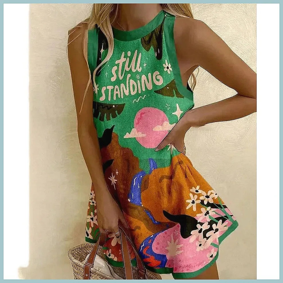 Women's Pineapple Print Sleeveless Dress - Casual Beach Vacation Party Dress for Summer