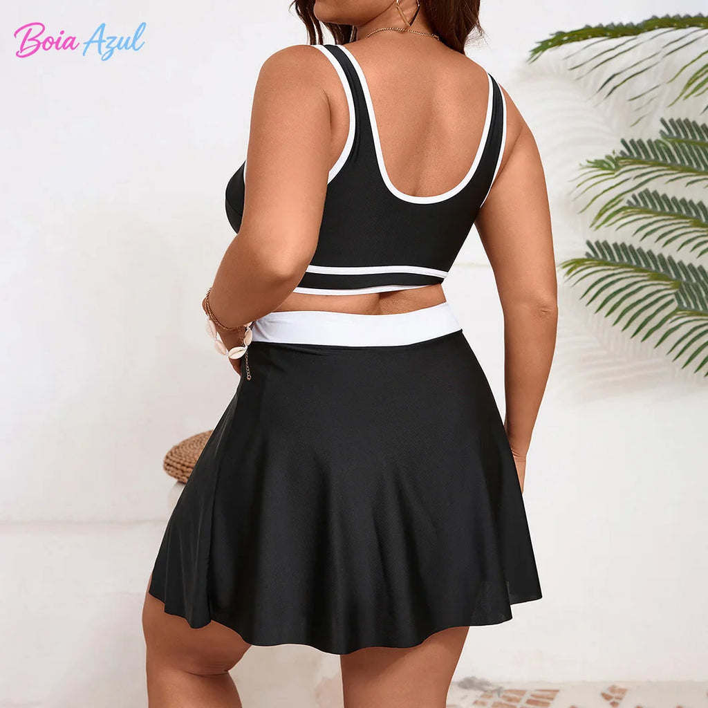 Plus size black and white contrast tankini two-piece swimsuit U-neck dress-style women's beachwear sexy backless swimsuit L-5XL