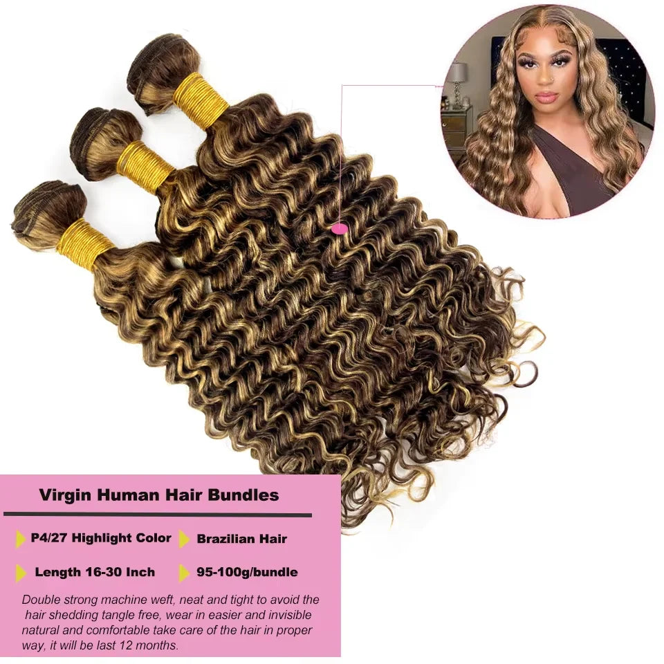 30 Inch #4/27 Color Highlight Deep Wave Bundles Human Hair Burmese Hair 1/3 Bundle Deals Ombre Brown Curly Bundles For Extension