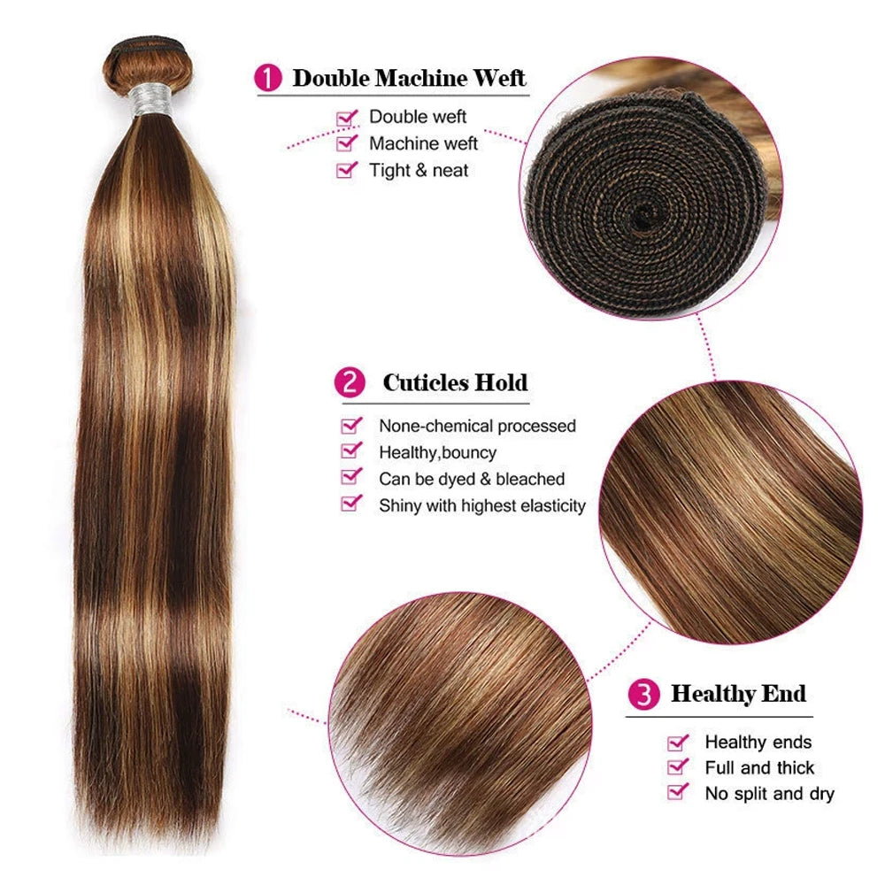 28 inch Honey Blonde Highlight Human Hair Bundles Straight P4/27 Brazilian Hair Weave Colored Hair Bundles For Women Remy Hair