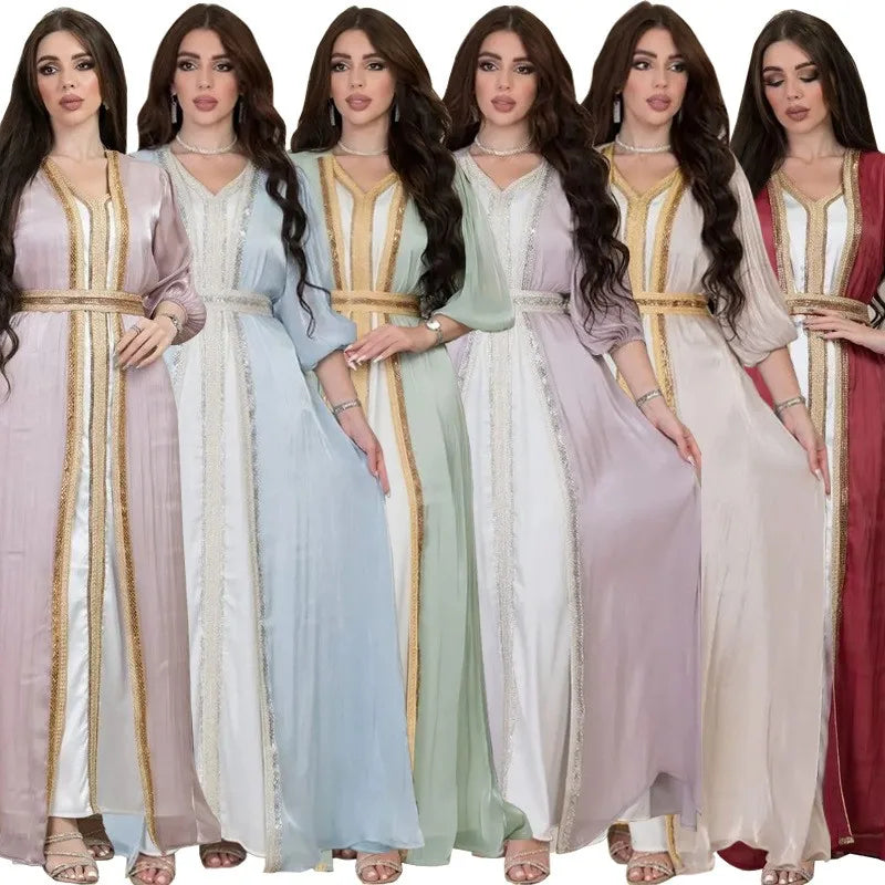 Lavender Sequin Dress V Neck Puffed Sleeves Satin Dresses Belted Waist Floor Length Gown Gold Trim Embroidered Trim Evening