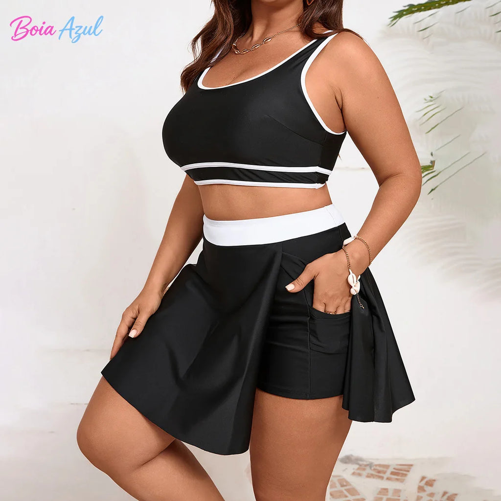 Plus size black and white contrast tankini two-piece swimsuit U-neck dress-style women's beachwear sexy backless swimsuit L-5XL