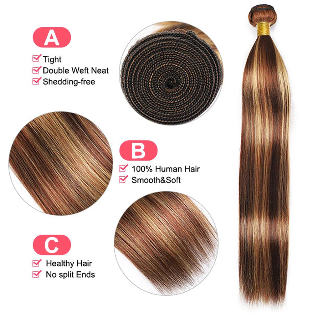 Highlight  P4/27 Straight Bundles Human Hair For Women Brown Blonde Hair Bundles Deal Colored Human Hair Weave Bundles Extension