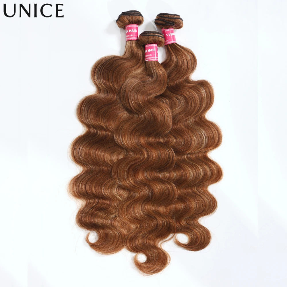 UNice Brown Blonde Highlight Body Wave Bundles 1/3/4 Bundles 100% Human Hair Bundles 100Grams Per Bundle Sew In Extensions