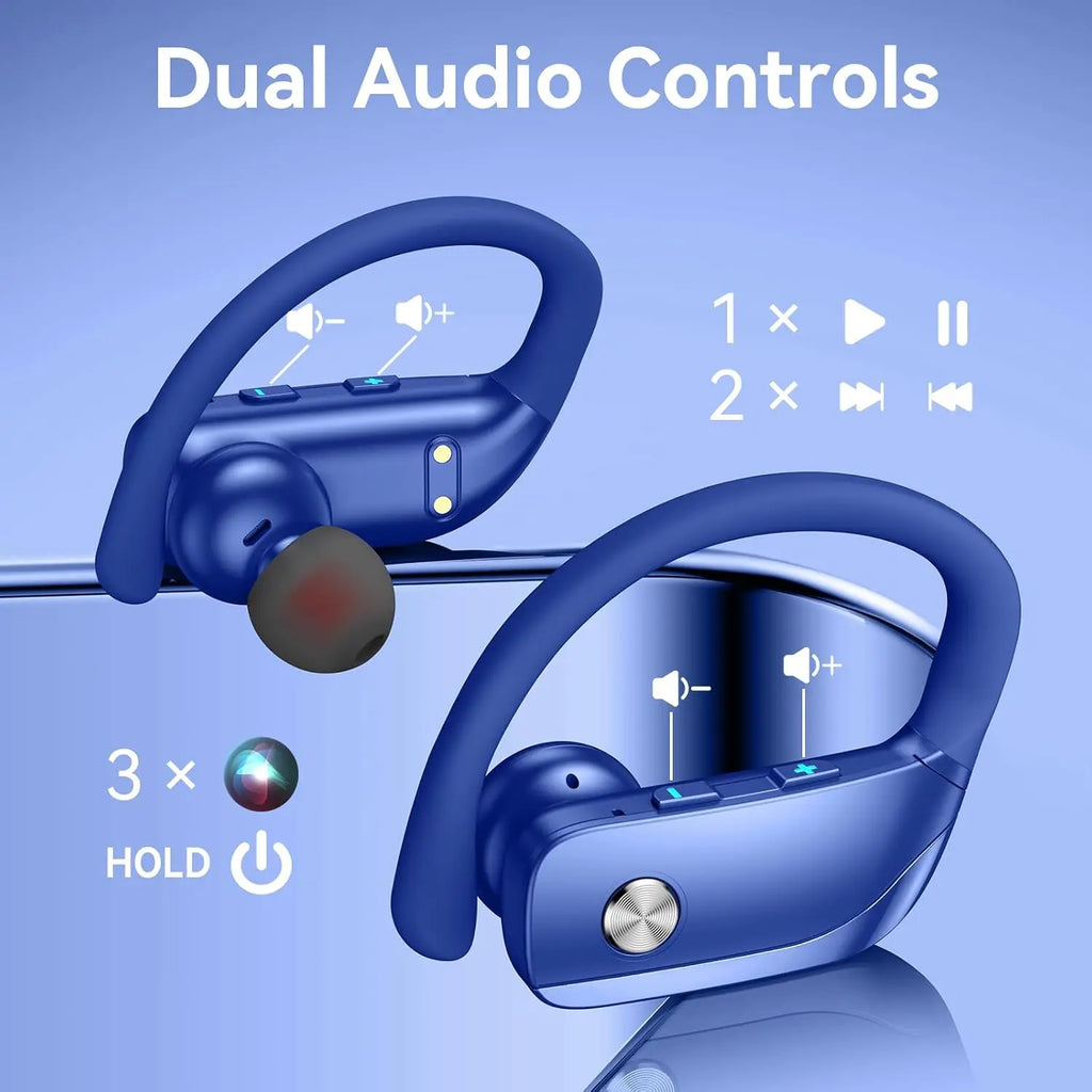 Wireless Earbuds with 80H Playtime LED Display Case, Over-Ear Hook, Stereo Sound, Easy Button Controls, Sports Earphones for Running Workout Gym Blue