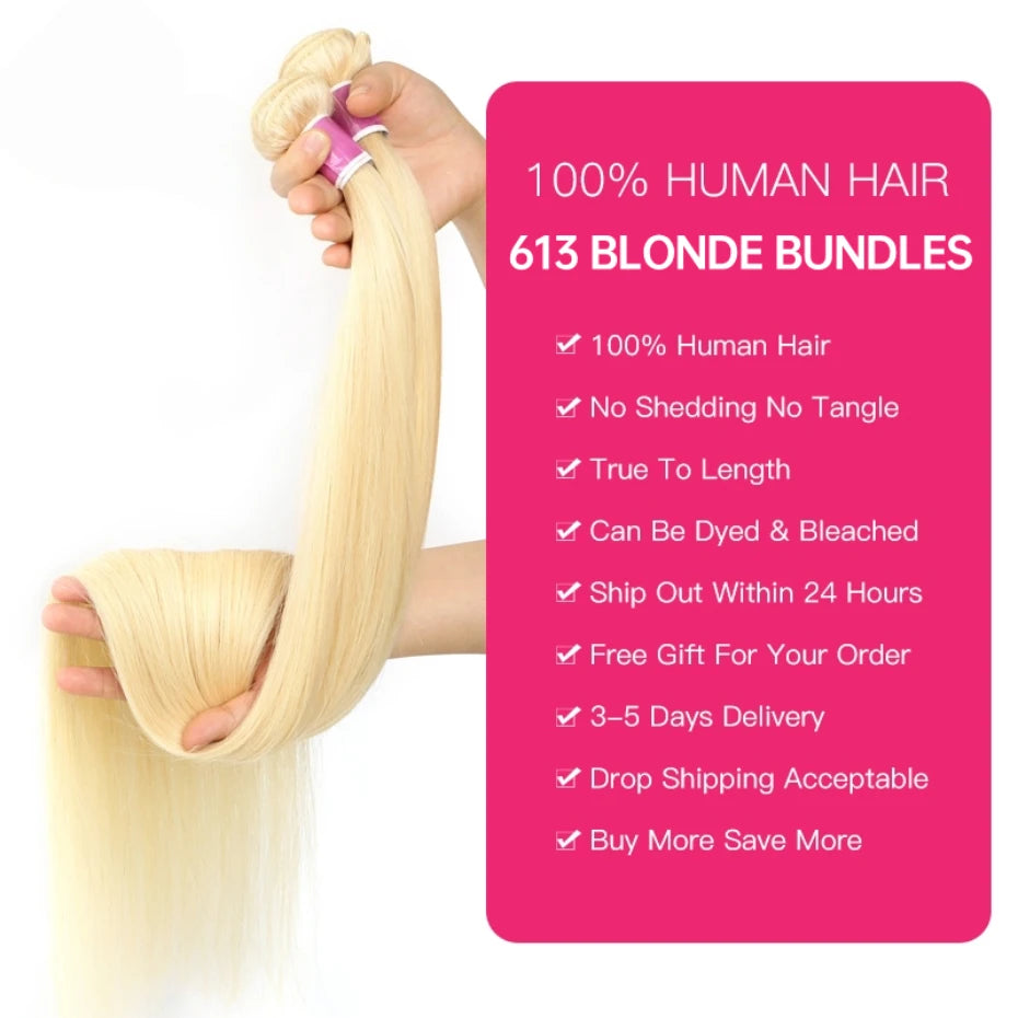 Bone Straight 1 3 4 Bundles Brazilian Unprocessed Human Hair Extensions 613 Honey Blonde Double Weft Bundles Deal 30 32 34 36 38 inch