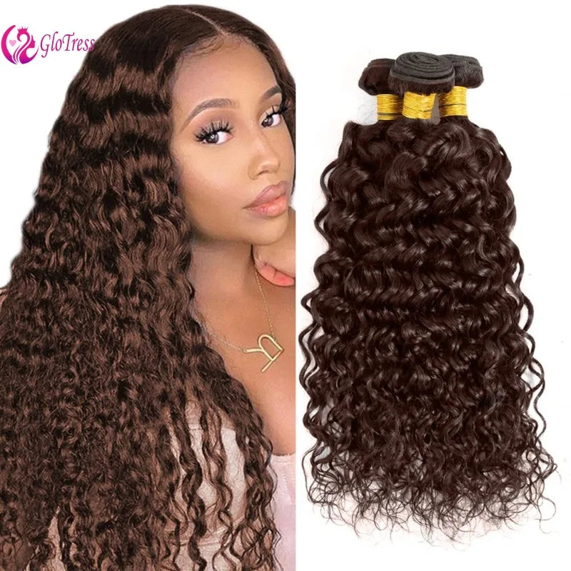 Premium Chocolate Light Brown Water Wave Bundles Human Hair 12-28inches Color #4 Virgin Remy Wet and Wavy Hair Weaving