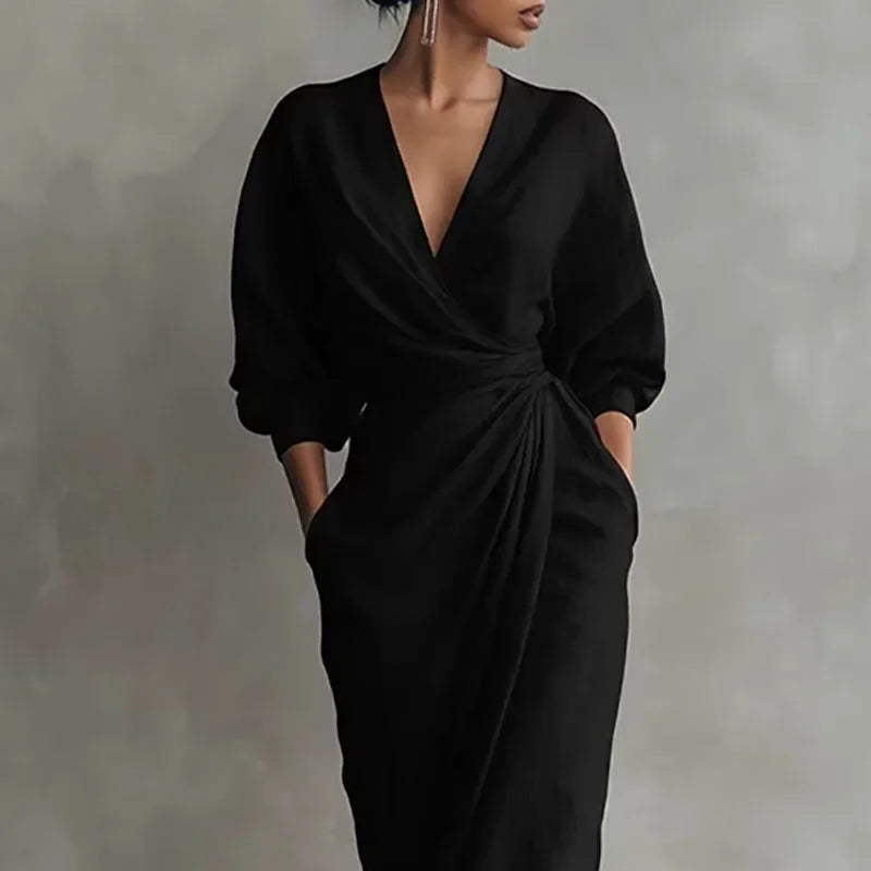 Women's Sexy V Neck Wrap Waist Long Dresses 2026 Spring Casual Solid Slim Bodycon Hips Dress Elegant Long Sleeve Slit Maxi Dress