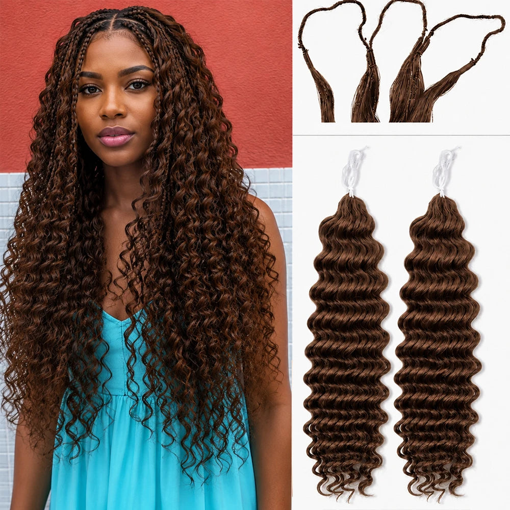 Chocolate Brown Deep Wave Crochet Human Hair Extensions Pre Separated Feather Crochet Braiding Hair Knotless Boho Braids Lightweight Natural Looking Burmese Curly Hair For Women