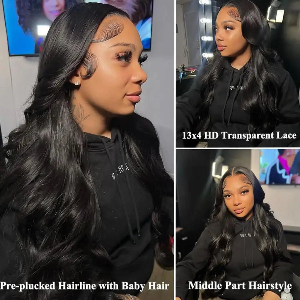 Natural Black Body Wave Remy Human Hair Wigs Lace Front Wig Pre Plucked Hairline 180% Density HD Transparent Lace Frontal Wig
