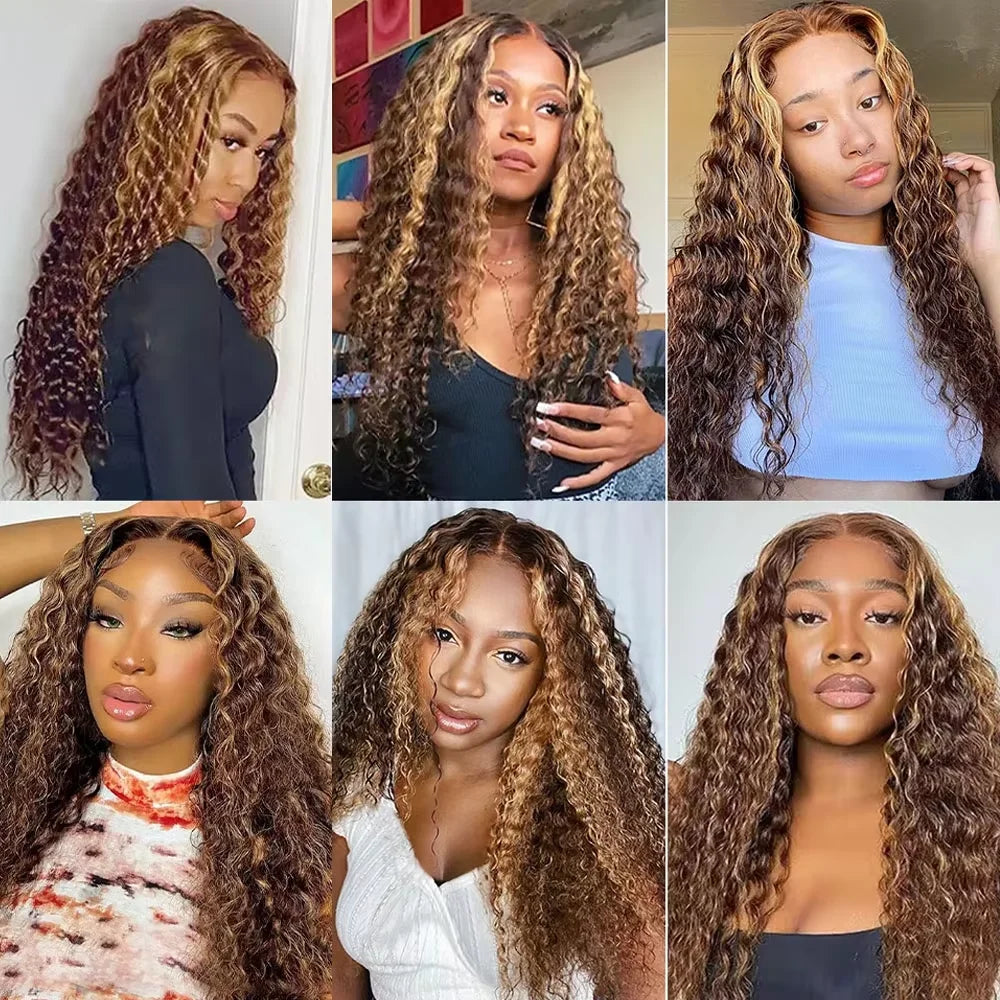 P4/27 Highlight Deep Wave Bundles Human Hair For Women Brazilian Hair Weaving Ombre Brown Curly Hair Bundles Deals For Extension