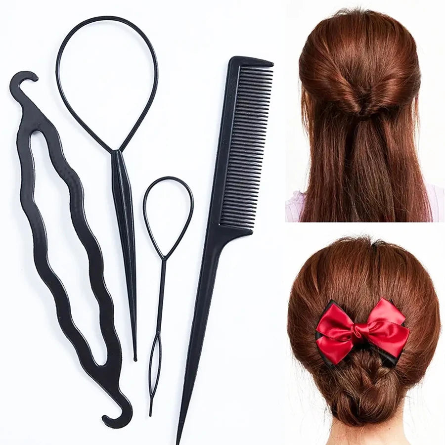Elegant 4pcs Hair Braiding Tool Kit with Bun Maker Hair Pulling Needle &Double Hook Styling Accessories for Beautiful Hairstyles