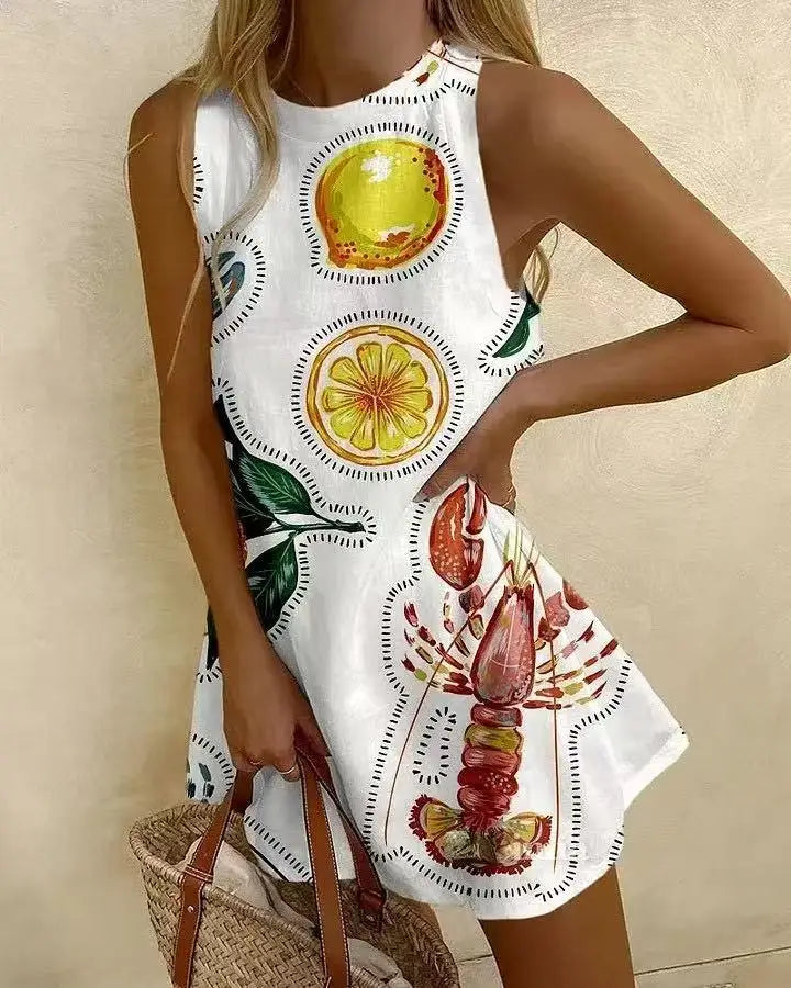 Women's Pineapple Print Sleeveless Dress - Casual Beach Vacation Party Dress for Summer