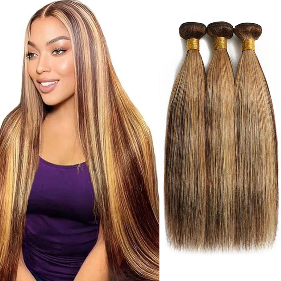 Piano Color Brown Silky Straight Bundles Human Hair Unprocessed Brazilian Virgin Hair Highlight Bone Straight Hair 3/4 Bundles