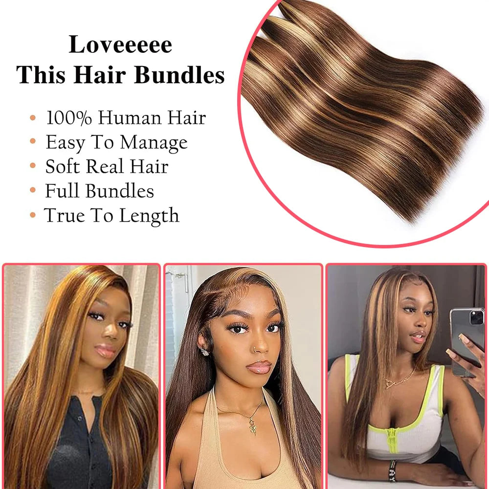 Highlight  P4/27 Straight Bundles Human Hair For Women Brown Blonde Hair Bundles Deal Colored Human Hair Weave Bundles Extension