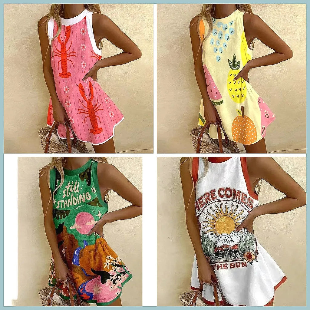Women's Pineapple Print Sleeveless Dress - Casual Beach Vacation Party Dress for Summer