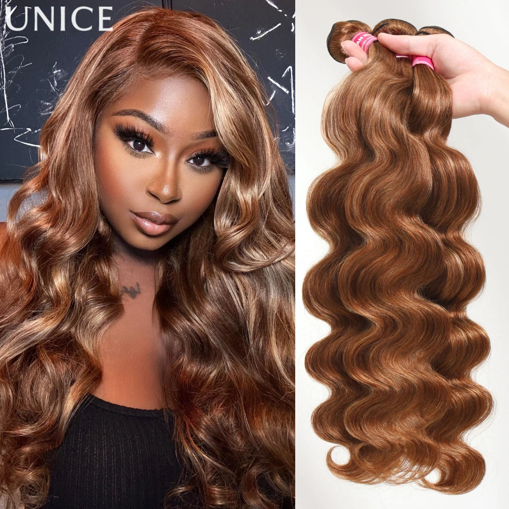 UNice Brown Blonde Highlight Body Wave Bundles 1/3/4 Bundles 100% Human Hair Bundles 100Grams Per Bundle Sew In Extensions