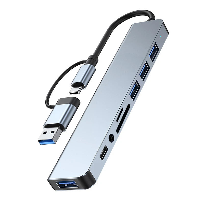 8 in 2 USB +Type C HUB Docking Station with 3.5mm Audio Jack Adapter for Micro SD Card Reader Laptop Tablet Phone Disk Converter