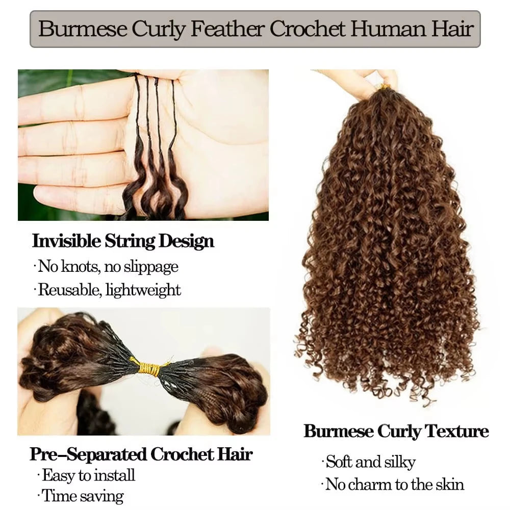 Pre-Looped Miracle Knots Brown Feather Crochet 100% Human Hair Extension Pre Separated Knotless Crochet Hair Bundles For Reusable Boho Braids