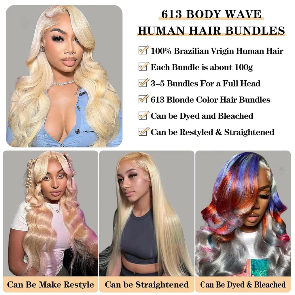 Body Wave Human Hair Blonde Bundles 10A Grade 100% Brazilian Human Hair Color #613 Body Wave 22" Light Blonde Color Body Wave