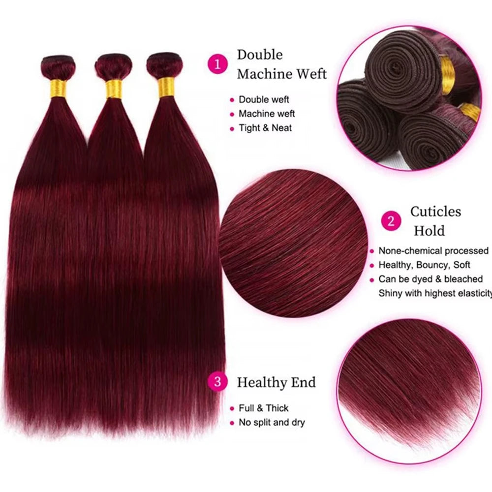 Color Burgundy  #99J Bundles Human Hair Straight Bundles Brazilian Virgin Hair Wine Red Straight 3 Bundles Human Hair Extensions