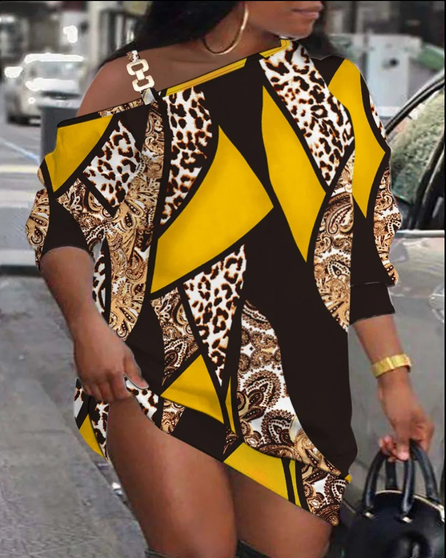 Autumn Women's Printed Mini Dress, Loose Fit Hollow Out Long Sleeve Party Club Dress