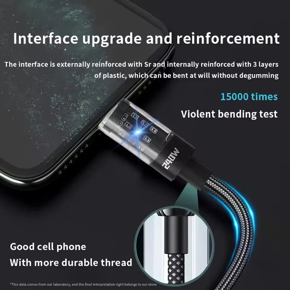 0.25/1/1.5/2M 240W Nylon USB C PD Super Fast Charging Data Cable With LED Display USB To Type C Quick Charge Data Cords New