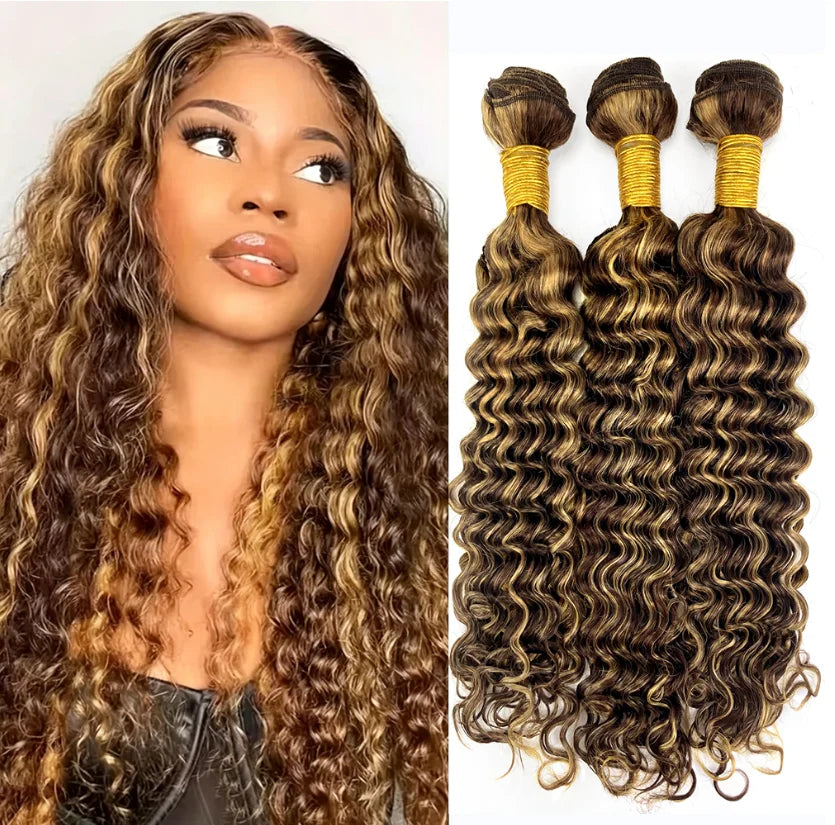 30 Inch #4/27 Color Highlight Deep Wave Bundles Human Hair Burmese Hair 1/3 Bundle Deals Ombre Brown Curly Bundles For Extension